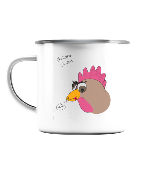 Verrücktes Huhn - Emaille Tasse (Silber)