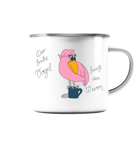 Der frühe Vogel  - Emaille Tasse (Silber)